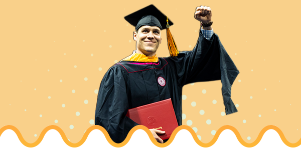 Male student at commencement, on top of an orange themed gradient background
